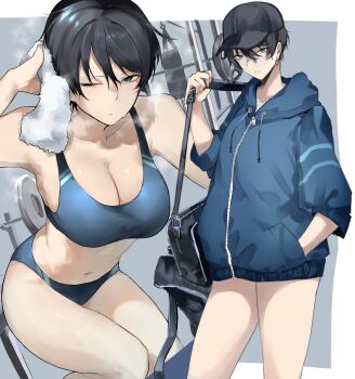 1girl absurdres bag barbell baseball_cap black_bag black_hair blue_eyes blue_hoodie blue_jacket blue_sports_bra breasts breath cleavage collarbone duffel_bag feet_out_of_frame hand_in_pocket hat highres holding holding_bag holding_strap hood hoodie jacket kyoyakyo large_breasts multiple_views navel one_eye_closed open_bag original parted_lips punching_bag short_hair sports_bikini sports_bra standing sweat towel track_uniform tsurime zipper zipper_pull_tab