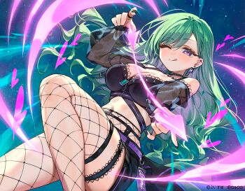 1girl ;q bare_shoulders black_nails breasts cleavage commentary_request earrings energy_arrow feet_out_of_frame fishnet_thighhighs fishnets green_hair heart highres jewelry long_hair looking_at_viewer midriff misekiss mole mole_on_breast navel one_eye_closed purple_eyes simple_background smile solo star_(sky) starry_sky_background thighhighs tongue tongue_out virtual_youtuber vspo! yakumo_beni