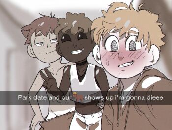 3boys anonanim blonde_hair blush brown_hair caption closed_eyes clothes_pull commentary dark-skinned_male dark_skin dreadlocks emoji english_text freckles grin half-closed_eyes highres hood hoodie implied_netorare jasper_(anonanim) limited_palette looking_at_viewer male_focus messy_hair multiple_boys original pants pants_pull penis penis_peek selfie shota shotajiji smile sweat tan tank_top tanline topless_male untranslatable_commentary v white_tank_top yaoi