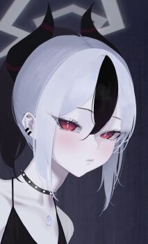 Rule 34 | 1girl, absurdres, alternate costume, bare shoulders, black choker, black hair, black horns, blue archive, blush, bright pupils, choker, choker jewel, closed mouth, collarbone, commentary request, demon girl, demon horns, double-parted bangs, ear piercing, earrings, eyelashes, eyes visible through hair, frown, gem, grey halo, hair between eyes, halo, highres, horns, jewelry, kayoko (blue archive), lips, looking at viewer, medium hair, multicolored hair, oekaki siro, piercing, ponytail, red eyes, sidelocks, solo, tsurime, two-tone hair, upper body, white background, white pupils