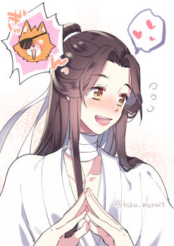 1boy animalization bandaged_neck bandages blush brown_eyes brown_hair chinese_clothes eyepatch fduki_maro flying_sweatdrops fox hair_bun hair_ribbon half_updo hanfu heart highres hua_cheng implied_yaoi long_hair male_focus open_mouth ribbon robe single_hair_bun smile solo_focus spoken_heart steepled_fingers tianguan_cifu twitter_username upper_body white_hanfu white_ribbon xie_lian