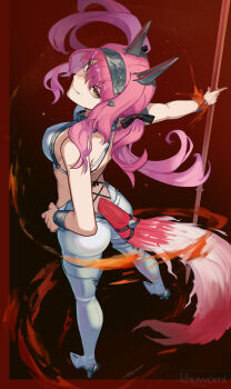 1girl absurdres ass back black_bow bodysuit boots bow breasts closed_mouth commentary english_commentary from_behind hair_bow hairband hand_on_own_hip headgear high_heel_boots high_heels highres khuwomi21 long_hair looking_at_viewer looking_back looking_up lupa_(wuthering_waves) medium_breasts metal_hairband pink_hair red_pupils smile solo standing tail thigh_boots white_bodysuit white_boots wolf_tail wrist_guards wuthering_waves yellow_eyes