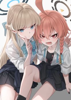 2girls ahoge angry arm_around_shoulder black_nails black_shirt black_skirt blonde_hair blue_archive blue_bow bow bowtie braid breasts clothes_around_waist crown_braid double_v fang flat_chest floral_print_shirt hair_between_eyes hair_bow hair_ornament halo huge_ahoge knee_up koisuke long_hair mole_under_each_eye mole_under_eye multiple_girls multiple_moles neru_(blue_archive) neru_(school_uniform)_(blue_archive) open_clothes open_mouth open_shirt red_eyes school_uniform shirt shirt_around_waist short_hair side_braid sidelocks sitting skirt small_breasts toki_(blue_archive) v white_background white_shirt