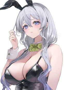 1girl animal_ears bare_shoulders black_leotard blush bow bowtie breasts cleavage closed_mouth commentary detached_collar fake_animal_ears green_bow green_bowtie grey_hair hair_between_eyes hand_in_own_hair hand_up highres large_breasts leotard long_hair looking_ahead nagi_(pickles_pipipi) nail_polish original playboy_bunny purple_eyes purple_nails rabbit_ears sidelocks simple_background solo striped_bow striped_bowtie striped_clothes symbol-only_commentary upper_body very_long_hair watermark white_background white_wrist_cuffs wrist_cuffs