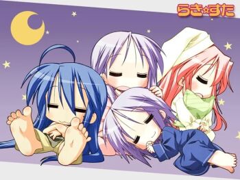 4girls ahoge artist_request barefoot black_shirt blue_dress blue_hair blush chibi closed_eyes crescent_moon dress feet hat hiiragi_kagami hiiragi_tsukasa hugging_object izumi_konata japanese_text lap_pillow long_hair lucky_star mole mole_under_eye moon multiple_girls night night_sky nightcap nightgown open_mouth picture-in-picture pillow pillow_hug pink_hair poster_(medium) purple_hair shirt short_hair shorts sky sleeping sleepwear soles source_request star_(sky) takara_miyuki toes