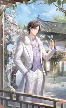 1boy architecture artist_request bead_necklace beads blue_sky branch brooch brown_hair bug butterfly butterfly_brooch butterfly_on_hand buttons cherry_blossoms chinese_clothes closed_mouth cloud coat collared_coat collared_shirt cowboy_shot day diamond_button dress_pants earrings east_asian_architecture expressionless fingernails flower formal_clothes fur_scarf game_cg grey_eyes hand_in_pocket highres insect jewelry lapel_pin lapels layered_sleeves leaf light_rays lips long_sleeves looking_at_animal male_focus marking_on_cheek necklace nikki_(series) notched_lapels official_art open_clothes open_coat outdoors pants path petals pinstripe_pattern pinstripe_vest plant pointy_nose potted_plant purple_vest qin_yi_(shining_nikki) railing road scarf shining_nikki shirt short_hair single_earring sky solo sunlight tangzhuang tassel tassel_earrings tree vest water waterfall white_coat white_flower white_pants white_scarf white_shirt