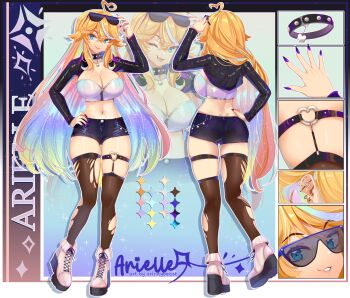 1girl absurdres ahoge arielle_(vtuber) ass blonde_hair blue_eyes breasts cleavage commentary ear_piercing earrings english_commentary eyewear_on_head full_body gannon_vt hair_between_eyes hand_on_own_hip heart heart_ahoge highres huge_breasts indie_virtual_youtuber jacket jewelry large_breasts long_hair looking_at_viewer multicolored_hair official_art open_mouth piercing purple_nails rainbow_hair reference_sheet shoes shorts smile standing strapless sunglasses thigh_strap thighhighs thighs torn_clothes torn_thighhighs tube_top very_long_hair virtual_youtuber white_shoes white_tube_top