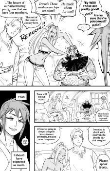 Rule 34 | 2boys, 2girls, absurdres, anger vein, aubry (dark elf stepsister), bald, bb (baalbuddy), beard, black hair, body hair, candle, couch, dark-skinned female, dark elf, dark skin, dwarf, eating, elf, english text, facial hair, gloom (expression), grack (dark elf stepsister), highres, long pointy ears, monochrome, multiple boys, multiple girls, original, plate, pointy ears, robe, sitting, speech bubble, table, tankard, tunic, willford diccard, zana (dark elf stepsister)