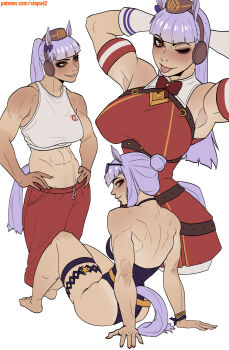 1girl ;p abs animal_ears armpits arms_behind_head ass bare_back bare_shoulders barefoot belt biceps blunt_bangs blush bow bowtie bracelet breasts brown_belt brown_hat closed_mouth collar collarbone cowboy_shot dress eyelashes eyeshadow from_behind full_body gloves gold_ship_(red_strife)_(umamusume) gold_ship_(run_revolt_launcher)_(umamusume) gold_ship_(umamusume) hair_bow hands_on_own_hips hat headphones highres horse_ears horse_girl horse_tail jewelry knees_up large_breasts leotard lips long_hair looking_at_viewer looking_back looking_to_the_side makeup midriff muscular muscular_female navel nose one_eye_closed pants parted_lips patreon_username ponytail profile purple-framed_eyewear purple_bow purple_hair purple_leotard purple_tail red_bow red_bowtie red_dress red_eyes red_pants simple_background sitting skindentation smile star_(symbol) stopu tail tan tank_top tanline teeth tongue tongue_out umamusume white_background white_collar white_gloves white_tank_top