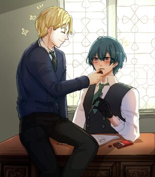 2boys alternate_costume candy chocolate chocolate_bar commission contemporary dimitri_alexandre_blaiddyd fire_emblem fire_emblem:_three_houses food green_eyes green_hair highres indoors male_byleth_(fire_emblem) multiple_boys nintendo sierra117renner yaoi