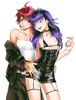 2girls ahoge babykatafan belt bikini bikini_top_only black_bikini black_hair black_pants black_streaks blue_eyes blue_hair breasts cleavage collarbone_piercing commentary earrings english_commentary eye_print eyepatch face_piercing facial_mark fingernails genderswap genderswap_(mtf) grey_eyes grin hands_on_another's_hips highres jewelry labret_piercing leather leather_corset leather_shorts long_fingernails long_hair medium_breasts micro_bikini multicolored_hair multiple_girls omokage_yugamu pants partially_undressed piercing print_eyepatch red_hair sharp_fingernails short_hair simple_background smile streaked_hair sumino_takumi swimsuit tank_top the_hundred_line_-last_defense_academy- tongue_piercing white_background white_tank_top yuri