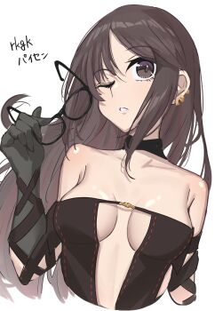 1girl absurdres arm_strap bare_shoulders black_dress black_gloves breasts brown_eyes brown_hair center_opening choker cleavage dress earrings elbow_gloves fate/grand_order fate_(series) glasses gloves highres jewelry long_hair looking_at_viewer medium_breasts one_eye_closed parted_lips ribbon-trimmed_dress ribbon_trim solo toukan very_long_hair yu_mei-ren_(fate) yu_mei-ren_(second_ascension)_(fate)