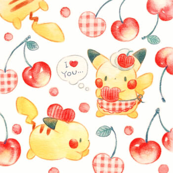 cherry colored_pencil_(medium) commentary_request dot_nose english_text food fruit gen_1_pokemon heart highres holding holding_heart morozoff nintendo no_humans painting_(medium) pikachu pokemon pokemon_(creature) speech_bubble thought_bubble traditional_media watercolor_(medium) white_background yukichi_0611