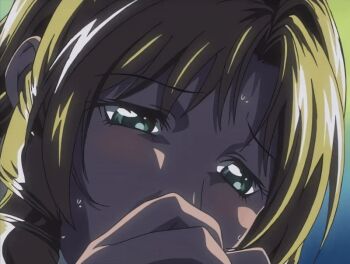 00s 1girl 2002 animated animated_gif bible_black bible_black_night_of_the_walpulgiss blonde_hair blush drill_hair drill_sidelocks fellatio green_eyes hetero long_hair oral penis_grab shiraki_rika sidelocks sweat tagme yandere