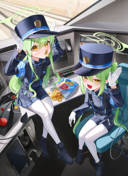 2girls absurdres arm_up armband arms_up belt blue_archive blue_armband chips_(food) commentary_request demon_tail fang food gloves green_hair green_halo halo hat highres hikari_(blue_archive) huge_filesize loli long_hair long_sleeves looking_at_viewer multiple_girls nozomi_(blue_archive) open_mouth pantyhose peaked_cap pointy_ears potato_chips pringle_duck shorts siblings sisters sitting sitting_on_hair sitting_on_table skirt tail tiokun7 train_conductor train_interior twins twintails white_gloves white_pantyhose yellow_eyes