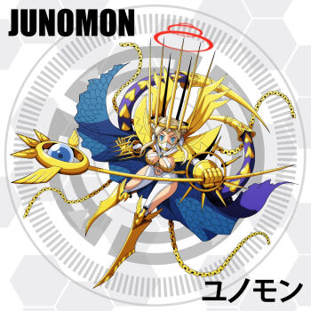 Rule 34 | blue eyes, cape, d sandy, digimon, digimon (creature), english text, highres, japanese text, junomon, looking at viewer, olympos xii, solo