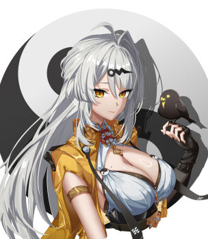 1girl absurdres ahoge armlet bird bird_on_hand black_bird black_gloves black_unitard breasts cleavage closed_eyes commentary_request cropped_torso elbow_gloves fingerless_gloves gloves hair_between_eyes hair_ornament hairpin highres jacket jewelry large_breasts light_smile long_hair looking_at_viewer mole mole_on_breast single_elbow_glove single_hair_intake solo tianshengqiao upper_body white_background white_hair yellow_eyes yellow_jacket yin_yang yin_yang_pin yixuan_(zenless_zone_zero) zenless_zone_zero