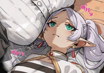 2girls black_robe breasts buttons capelet closed_mouth commentary commentary_request dress earrings elf english_commentary fern_(sousou_no_frieren) forehead frieren frown green_eyes jewelry large_breasts long_hair lying meme multiple_girls on_back parted_bangs pointy_ears robe shirt small_breasts sousou_no_frieren striped_clothes striped_shirt tamada_heijun upward_angle_frieren_drawing_(meme) white_capelet white_dress white_hair