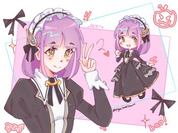 1girl arched_bangs black_dress character_name dress elgorritodedawn hair_ornament hairclip heart highres lacey_(fall_2025)_(pokemon) lacey_(pokemon) maid_headdress nintendo pink_hair pokemon pokemon_masters_ex solo sparkle twitter_username w yellow_eyes