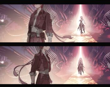 1boy 1girl black_dress black_jacket braid chinese_commentary commentary_request dress grey_hair grey_shirt highres huqu_(huqu45712) jacket letterboxed low_twin_braids male_rover_(wuthering_waves) phrolova_(wuthering_waves) rover_(wuthering_waves) shirt stage twin_braids walking_away wuthering_waves