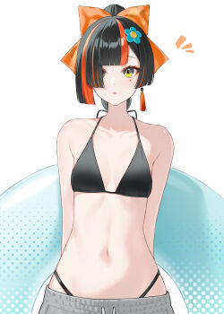 1girl absurdres alternate_costume arms_behind_back bare_shoulders bikini black_bikini black_hair blunt_bangs blunt_sidelocks bokuhakiyoshi bow breasts choya_hanabi collarbone commentary_request drawstring earrings eyeliner facial_mark grey_pants hair_bow highres holding holding_swim_ring innertube jewelry looking_at_viewer makeup multi-tied_hair multicolored_hair navel pants parted_lips ponytail red_bow red_eyeliner red_hair sidelocks simple_background single_earring small_breasts solo streaked_hair swim_ring swimsuit tassel tassel_earrings upper_body virtual_youtuber vspo! white_background yellow_eyes