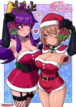 2girls absurdres antlers black_choker black_gloves breasts brown_hair capelet choker cleavage dress elbow_gloves fake_antlers fishnet_thighhighs fishnets fur-trimmed_capelet fur-trimmed_dress fur-trimmed_gloves fur-trimmed_leotard fur_trim garter_straps gloves hat highres horns large_breasts leotard long_hair looking_at_viewer mistletoe mole mole_on_breast multiple_girls original purple_hair red_dress red_leotard reindeer_antlers santa_costume santa_dress santa_hat santa_leotard sarukaiwolf short_hair thighhighs