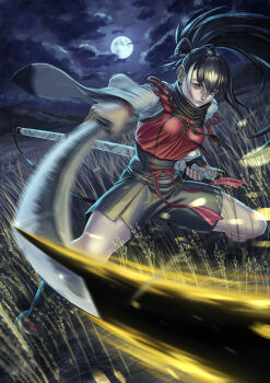 1girl absurdres black_hair cloud commentary fate/grand_order fate_(series) highres holding holding_sheath holding_sword holding_weapon japanese_clothes kai_hadaly kawakami_gensai_(fate) long_hair moon multicolored_hair sheath solo streaked_hair swinging_weapon sword weapon