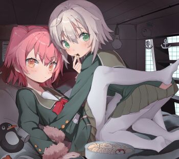 2girls anchor blush calendar_(object) closed_mouth colored_tips commentary_request cookie eating failure_penguin food fur-trimmed_jacket fur_trim green_eyes green_sailor_collar green_skirt grey_hair hair_between_eyes highres holding holding_food jacket kantai_collection kunashiri_(kancolle) light_bulb looking_at_viewer miss_cloud multicolored_hair multiple_girls orange_eyes pantyhose pink_hair pleated_skirt sailor_collar school_uniform shamomo shimushu_(kancolle) short_hair skirt white_pantyhose