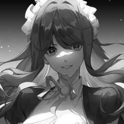 Rule 34 | 1girl, commentary request, detached collar, eyes visible through hair, gradient background, greyscale, grin, hair between eyes, hair intakes, kujou riu, light particles, long hair, looking at viewer, mahjong soul, maid, maid headdress, medium bangs, monochrome, neck ribbon, ribbon, shirt, sidelocks, smile, solo, tandong, upper body