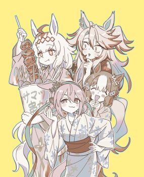 Rule 34 | + +, 4girls, ahoge, animal ears, belno light (umamusume), blue hairband, blush, breasts, brown hair, bucket, closed eyes, closed mouth, commentary request, floral print, floral print kimono, food, giragira egao, glutton, hair between eyes, hair ornament, hairband, headband, highres, holding, holding bucket, holding food, horse ears, horse girl, horse tail, japanese clothes, kimono, korean commentary, letter hair ornament, long hair, long sleeves, looking at viewer, multicolored hair, multicolored hairband, multiple girls, obey your master (umamusume), obi, oguri cap (umamusume), open mouth, print kimono, red headband, sash, shish kebab, short hair, smile, star-shaped pupils, star (symbol), striped clothes, striped hairband, symbol-shaped pupils, tail, tamamo cross (umamusume), two-tone hair, two-tone hairband, umamusume, umamusume: cinderella gray, very long hair, white hair, yellow background