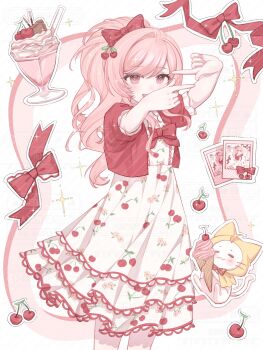 1girl =_= ahoge animal artist_request bare_arms bow bowtie cat cherry cherry_hair_ornament cherry_print chinese_commentary chocolate cloak closed_mouth clothed_animal commentary_request commission cowboy_shot dot_nose dress drinking_straw ear_covers eyelashes finger_frame floral_print food food-themed_hair_ornament food_print frilled_sleeves frills fruit fruit_print hair_bow hair_intakes hair_ornament happy high_side_ponytail highres holding holding_food holding_ice_cream holding_ice_cream_cone hood hood_up hooded_cloak ice_cream ice_cream_cone jacket lace lace-trimmed_dress lace_trim light_blush long_hair looking_ahead medium_dress milkshake momo_(nikki) nikki_(nikki) nikki_(series) open_clothes open_jacket open_mouth outline outside_border photo_(object) picture_frame pink_eyes pink_hair pleated_dress pocky print_dress puffy_short_sleeves puffy_sleeves red_bow red_bowtie red_jacket sample_watermark second-party_source short_sleeves smile sparkle striped_blush swept_bangs teeth traditional_bowtie upper_teeth_only watermark wavy_hair whiskers white_background white_cat white_dress white_outline yellow_cloak