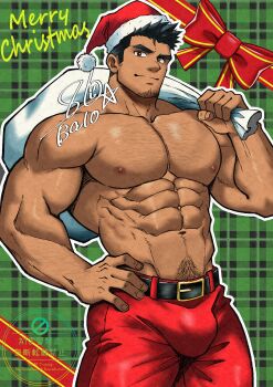 1boy abs absurdres balo_dqx_ff14 bara belt black_belt black_hair bow brown_eyes bulge closed_mouth commentary_request dark-skinned_male dark_skin facial_hair goatee_stubble green_background hand_on_own_hip hat highres holding holding_sack large_pectorals looking_at_viewer male_focus merry_christmas muscular muscular_male navel_hair nipples original pants pectorals plaid_background red_hat red_pants sack santa_hat short_hair smile solo stubble thick_eyebrows topless_male