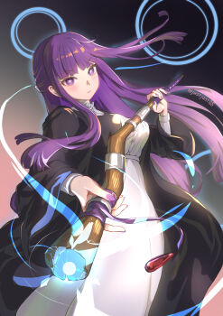 1girl absurdres black_robe breasts buttons closed_mouth commentary_request dress fern_(sousou_no_frieren) fingernails highres holding holding_scepter justjast large_breasts long_hair nail_polish purple_hair purple_nails robe scepter solo sousou_no_frieren twitter_username very_long_hair white_dress