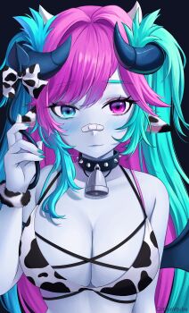1girl absurdres animal_ears animal_print artist_name bandaid bandaid_on_face bandaid_on_nose bell bikini black_horns blue_eyes blue_hair blush bow breasts cleavage closed_mouth collar collarbone colored_skin cow_ears cow_horns cow_print cow_print_bikini cowbell demon_tail fream_(vtuber) grey_skin heterochromia highres horns indie_virtual_youtuber long_hair multicolored_hair pink_hair print_bikini purple_eyes solo spiked_collar spikes swimsuit tail tail_bow tail_ornament two-tone_bow two-tone_hair upper_body velvet_noir virtual_youtuber