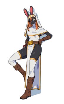 1girl 2025 bare_shoulders black_fur book boots borrowed_character breasts brown_boots brown_gloves commentary detached_collar dress expressionless female_focus full_body gloves gold_trim groin headdress highres holding holding_book korean_commentary leaning_back mage_bun_(niking) orange_hair original pelvic_curtain rabbit_ears sidelocks simple_background small_breasts solo standing standing_on_one_leg thighhighs thighs this_is_nulia white_background white_dress white_headdress white_thighhighs yellow_eyes