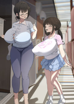 2girls absurdres black-framed_eyewear black_hair blue_pants blue_shirt blue_skirt blush breasts button_gap cleavage closed_eyes fon_(96nokimihito) frilled_skirt frills gigantic_breasts glasses hair_bun high_heels highres holding holding_key huge_breasts key long_hair mature_female mole mole_under_eye mother_and_daughter multiple_girls open_door open_mouth original outdoors pants pointy_breasts print_shirt shirt shoes single_hair_bun skirt sneakers socks standing t-shirt tight_clothes twintails white_shirt white_shoes