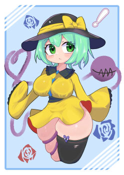 ! 1girl absurdres adamadamode black_hat black_thighhighs blue_background blush bow breasts closed_mouth commentary_request flower green_eyes green_hair hat hat_bow heart heart_of_string highres komeiji_koishi large_breasts looking_at_viewer rose shirt short_hair single_thighhigh skindentation solo thighhighs third_eye touhou yellow_bow yellow_shirt