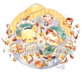 >_< blush_stickers closed_eyes clothed_pokemon commentary_request dress fang gen_1_pokemon gen_2_pokemon halo highres holly jigglypuff music musical_note nintendo no_humans open_mouth painting_(medium) pikachu pokemon pokemon_(creature) singing togepi traditional_halo traditional_media treble_clef watercolor_(medium) white_dress wobbuffet yukichi_0611