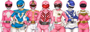 6+girls ako_hayasaka belt blue_dolphin blue_gloves blue_skirt blue_swallow blush bodysuit breasts cameltoe cape choujin_sentai_jetman choujuu_sentai_liveman chouriki_sentai_ohranger cowboy_shot crossed_arms dai_sentai_goggle_v dyna_pink gloves hands_on_own_hips hands_on_own_chest helmet highres himitsu_sentai_gorenger kagaku_sentai_dynaman kyouryuu_sentai_zyuranger kyōryū_sentai_zyuranger large_breasts legs lineup megumi_misaki mei_(kyouryuu_sentai_zyuranger) miki_momozono momo_maruo multiple_girls ohpink peggy_matsuyama pink_gloves ptera_ranger pteraranger sakuradou simple_background skirt small_breasts standing super_sentai thighs visor white_background white_gloves white_skirt