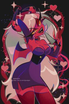 1girl absurdres breasts colored_skin demon_girl demon_horns demon_wings hellaverse helluva_boss highres holding holding_knife horns kaylefth knife large_breasts long_hair looking_at_viewer pink_eyes pink_skin solo verosika_mayday white_hair wings