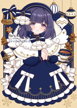 1girl absurdres alternate_costume bell beret blue_bow blue_dress blue_ribbon blunt_bangs blush bow capelet chaton_(chatoncerisier) check_commentary christmas closed_mouth commentary commentary_request cup dress flower frills gakuen_idolmaster gingerbread_cookie gingerbread_man hair_ornament hat hataya_misuzu highres idolmaster jingle_bell long_sleeves looking_at_viewer mole mole_under_mouth poinsettia purple_eyes purple_hair ribbon saucer short_hair smile solo striped_bow teacup white_capelet white_ribbon