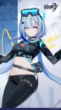 Rule 34 | 1girl, aqua hair, black wetsuit, blue hair, blue halo, bodysuit, breasts, commentary request, copyright name, copyright notice, diving suit, fish hair ornament, goggles, goggles on head, griseo, griseo (cosmic expression), griseo (star-speckled blue), hair ornament, hairclip, halo, highres, honkai (series), honkai impact 3rd, long hair, looking at viewer, low twintails, medium breasts, midriff, multicolored hair, multicolored halo, navel, official art, oxygen tank, promotional art, purple eyes, solo, streaked hair, swimsuit, thigh strap, twintails, wetsuit, white halo, zoom layer