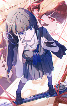 1girl :q absurdres black_hair black_shirt black_shoes black_skirt black_socks blue_eyes blue_nails blue_ribbon chisa_(wuthering_waves) closed_mouth commentary english_commentary hair_ribbon hand_up highres loafers long_hair looking_at_viewer multiple_views nail_polish nicheng_buneng_you_biaoqing_bao_ma red_eyes red_ribbon ribbon sailor_collar shirt shoes skirt smile socks tongue tongue_out v v_over_eye white_sailor_collar wuthering_waves