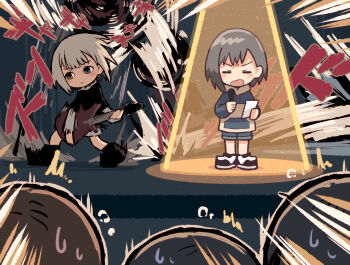 <o>_<o> 5girls ^^^ bang_dream! bang_dream!_it's_mygo!!!!! black_hair blue_eyes blue_hoodie blue_shorts brown_hair character_request check_character closed_eyes commentary facing_viewer grey_hair heterochromia highres holding holding_notebook hood hoodie kaname_raana microphone multiple_girls nagasaki_soyo notebook open_mouth shiina_taki short_hair shorts spotlight takamatsu_tomori togawa_sakiko white_hair yellow_eyes yukitake_(bullfalk)