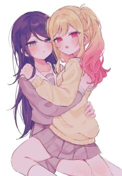 2girls black_hair blonde_hair blush commentary grey_eyes grey_shirt grey_skirt hand_on_another&#039;s_waist highres hoshino_ichika_(project_sekai) long_hair mu_ri003 multiple_girls open_mouth parted_lips pink_eyes pink_hair pleated_skirt project_sekai sailor_collar school_uniform serafuku shirt simple_background sitting sitting_on_lap sitting_on_person skirt sweater symbol-only_commentary tenma_saki twintails white_background white_sailor_collar yellow_sweater yuri