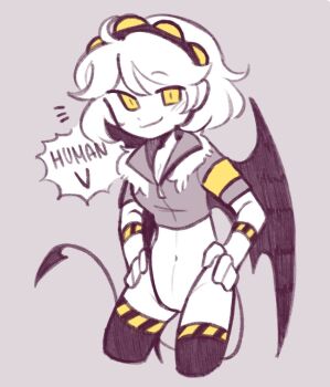 1girl bat_wings coat demon_tail female_focus glitch_productions grin highres humanization leotard murder_drones personification short_hair smile tail thighhighs v_(murder_drones) wings yellow_eyes