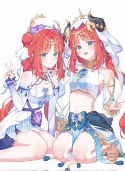2girls aqua_eyes bare_shoulders blue_gemstone blue_ribbon blue_skirt blue_sleeves blush circle closed_mouth commentary corrupted_twitter_file crop_top detached_sleeves dress dual_persona fake_horns flower gem genshin_impact gold_trim gradient_sleeves hair_bun hair_flower hair_ornament hand_up hashtag-only_commentary highres horns long_hair long_sleeves looking_at_viewer multiple_girls navel nilou_(breeze_of_sabaa)_(genshin_impact) nilou_(genshin_impact) official_alternate_costume open_mouth purple_flower red_hair ribbon seiza simple_background sitting skirt sleeveless sleeveless_dress smile stomach teeth upper_teeth_only v veil very_long_hair wariza white_background white_dress white_sleeves white_veil y91210666