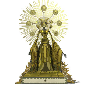 absurdres breasts creature detached_sleeves full_body highres machine monte_tako original other_focus pedestal simple_background solo wheel_of_dharma white_background wide_sleeves