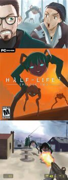 1boy 1girl :o absurdres alyx_vance beard crossover facial_hair firing forest glasses gordon_freeman gun hairband half-life half-life_(series) half-life_2 hatsune_miku highres mizuyoukan_(norad) mokomoko_(robocop) nature parody shiteyan&#039;yo smile sweat tree vocaloid weapon what