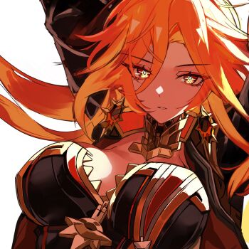 1girl arms_up biker_clothes bikesuit black_bodysuit black_jacket bodysuit breasts cropped_jacket earrings genshin_impact highres jacket jewelry long_hair looking_at_viewer mavuika_(genshin_impact) orange_eyes orange_hair orange_pupils sas_(ls08b) simple_background solo sun_earrings symbol_in_eye white_background zipper zipper_pull_tab